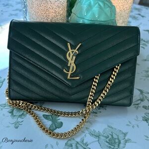 Yves Saint Laurent Dark Green Chevron Leather Bag with Gold Chain